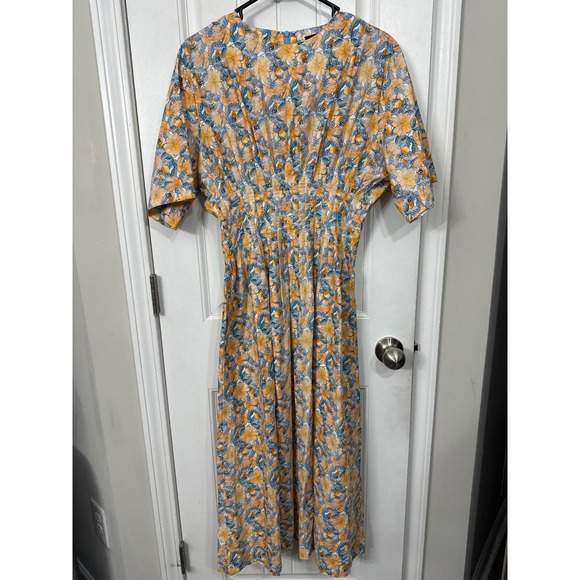 GIGIO USA Dresses & Skirts - GIGIO USA Orange Blue Floral Smocked Waist Midi Dress Womens Size Medium V-Neck
